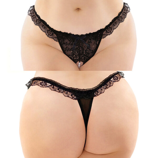 Fantasy Lingerie Flora Ruffled Crotchless Pearl Panty-Black Queen
